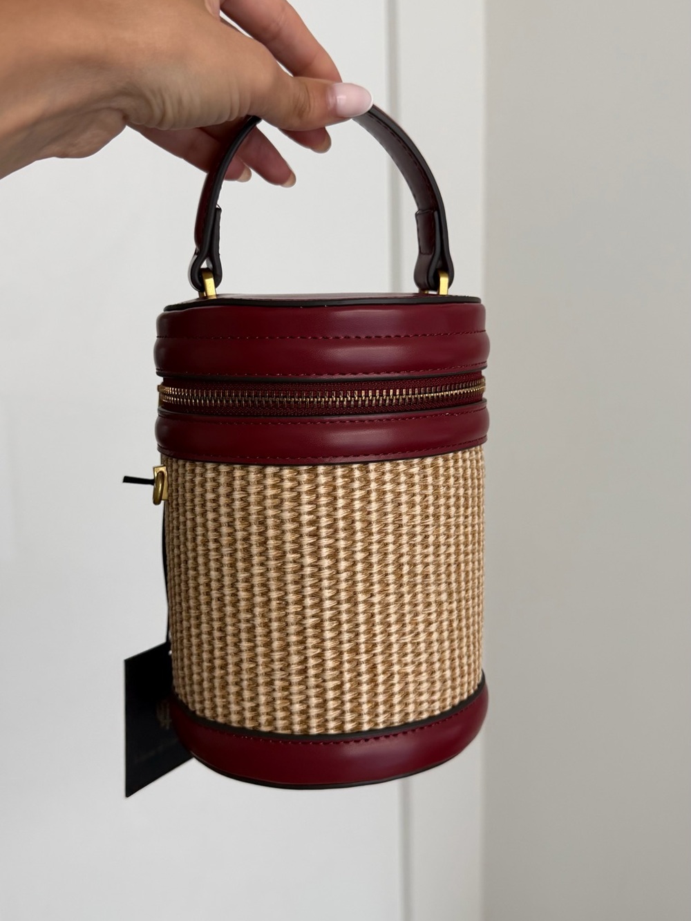 House of Harlow 1960 Burgundy and Natural Straw Mini Bucket Bag